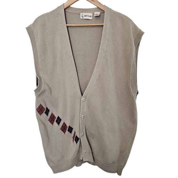 Vintage Antigua Sweater Vest Mens XL 90s Geometric Tan Preppy Academia Grandpa - Picture 1 of 8